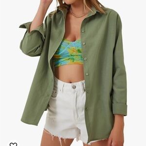 Casual long sleeve loose fit button down in army green